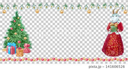 Watercolor Christmas greeting card frame featuring a fairytale goat character, a decorated tree, gift boxes, and hanging garlands. Empty horizontal winter template with copy space. 141606526