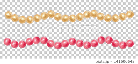 Watercolor christmas garland border set with glossy red and gold bead chain. Hand drawn festive winter holiday decoration isolated on element background. Realistic detailed drawing. 141606648