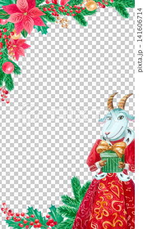 Watercolor Christmas vertical frame with fairytale goat character, poinsettia flowers, fir branches, and gift. Empty winter template for stories with copy space Watercolor Christmas vertical frame with fairytale goat character, poinsettia flowers, fir branches, and gift. Empty winter template for stories with copy space 141606714