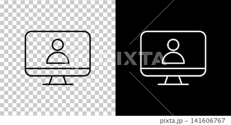 桌面電腦圖標,螢幕上顯示一個人的上半身。一組黑白向量插圖。 桌面電腦圖標,螢幕上顯示一個人的上半身。一組黑白向量插圖。 141606767