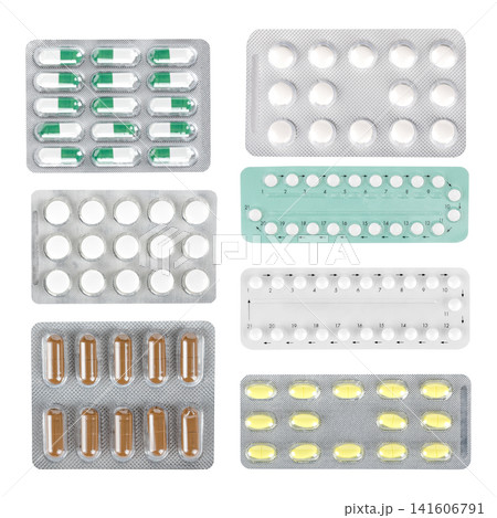 Medical pill blisters pack set with colorful capsules and round tablets isolated on white background Medical pill blisters pack set with colorful capsules and round tablets isolated on white background 141606791