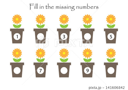 Game with flowers in pots for children, fill in the missing numbers, easy level, education game for kids, school worksheet activity, task for the development of logical thinking, vector illustration Game with flowers in pots for children, fill in the missing numbers, easy level, education game for kids, school worksheet activity, task for the development of logical thinking, vector illustration 141606842