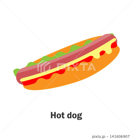 Hot dog in cartoon style, food and drink card for kid, preschool activity for children, vector illustration Hot dog in cartoon style, food and drink card for kid, preschool activity for children, vector illustration 141606907