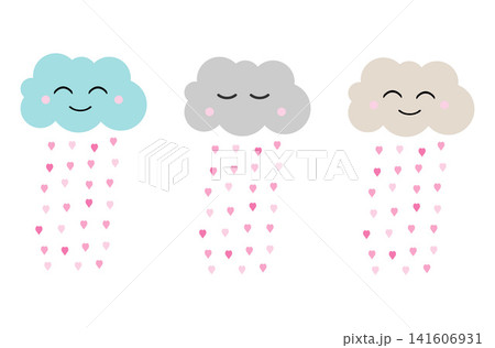 Set of cute blue, grey and beige clouds with rain of pink hearts, happy valentine's day, flat design for invitation card, vector illustration in cartoon style Set of cute blue, grey and beige clouds with rain of pink hearts, happy valentine's day, flat design for invitation card, vector illustration in cartoon style 141606931