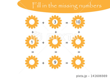 Mathematics game with flowers for children, fill in the missing numbers, easy level, education game for kids, school worksheet activity, task for development of logical thinking, vector illustration Mathematics game with flowers for children, fill in the missing numbers, easy level, education game for kids, school worksheet activity, task for development of logical thinking, vector illustration 141606989