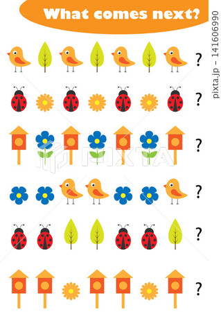 What comes next with spring pictures for children, fun education game for kids, preschool worksheet activity, task for the development of logical thinking, vector illustration What comes next with spring pictures for children, fun education game for kids, preschool worksheet activity, task for the development of logical thinking, vector illustration 141606990