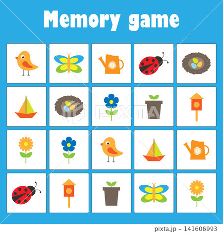 Memory game with pictures - spring and garden theme for children, xmas fun education game for kids, preschool activity, task for the development of logical thinking, vector illustration Memory game with pictures - spring and garden theme for children, xmas fun education game for kids, preschool activity, task for the development of logical thinking, vector illustration 141606993