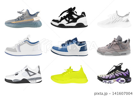 Set of various modern sneakers and sport shoes isolated on white background Set of various modern sneakers and sport shoes isolated on white background 141607004