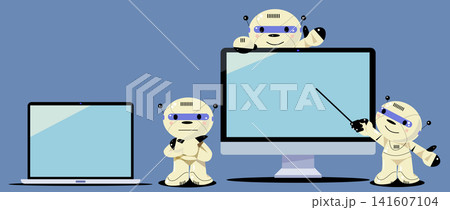 PC画面とプレゼンテーションをする可愛いロボットのベクターイラスト PC画面とプレゼンテーションをする可愛いロボットのベクターイラスト 141607104