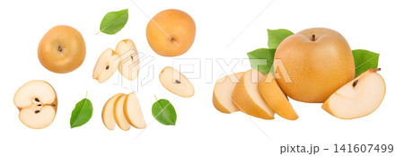 Fresh asian pear with leaves isolated on white background. Top view. Flat lay. 141607499