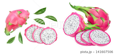 Dragon fruit, Pitaya or Pitahaya with leaf isolated on white background. Top view. Flat lay Dragon fruit, Pitaya or Pitahaya with leaf isolated on white background. Top view. Flat lay 141607506