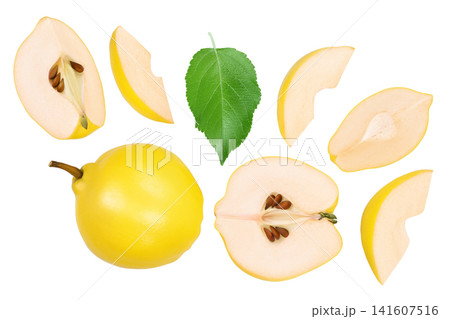 Fresh quince with half and slices isolated on the white background with full depth of field. Top view. Flat lay Fresh quince with half and slices isolated on the white background with full depth of field. Top view. Flat lay 141607516