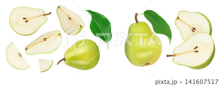 Green pear fruit half and slices isolated on white background . Top view. Flat lay Green pear fruit half and slices isolated on white background . Top view. Flat lay 141607517