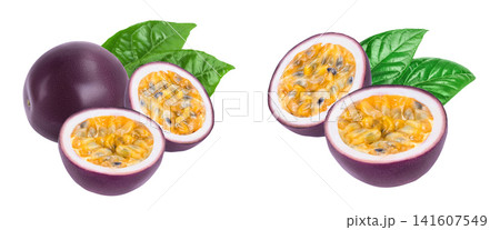 passion fruits with half isolated on white background. maracuya with full depth of field passion fruits with half isolated on white background. maracuya with full depth of field 141607549