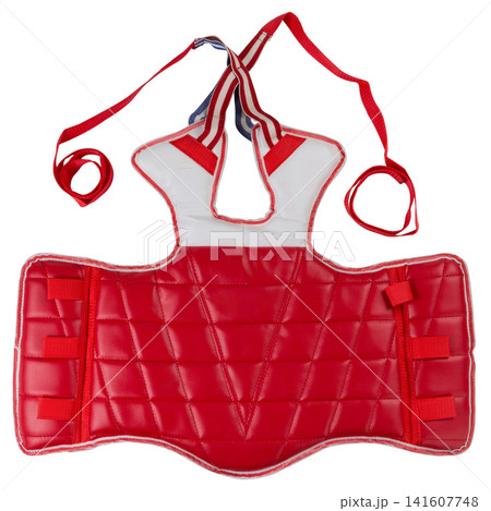 Red taekwondo chest protector isolated on white background. Martial arts body guard hogu for karate and combat sports practice 141607748