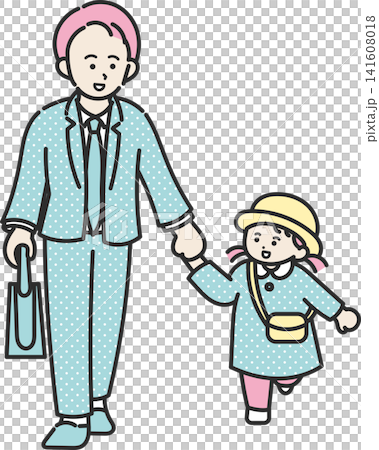 園児の娘を送り迎えするお父さんのイラスト 園児の娘を送り迎えするお父さんのイラスト 141608018