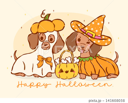 Cute Dachshund Halloween Ghost and Pumpkin, Happy Halloweenie, Cartoon Hand Drawn Illustration Cute Dachshund Halloween Ghost and Pumpkin, Happy Halloweenie, Cartoon Hand Drawn Illustration 141608038