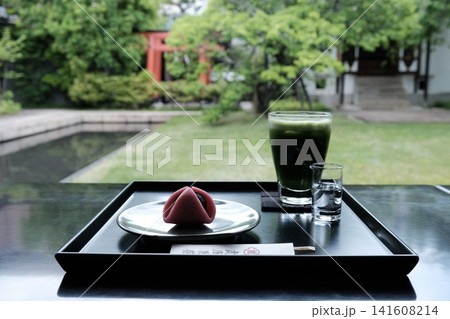 美しい日本庭園の新緑を眺めながら楽しむ和菓子と冷茶のお茶の時間 美しい日本庭園の新緑を眺めながら楽しむ和菓子と冷茶のお茶の時間 141608214