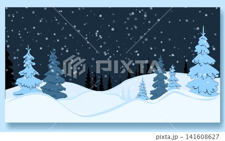 Minimalist Winter Landscape Vector Flat Illustration with Snow Covered Pine Trees and Falling Snow at Night for Christmas Background Copy Space Asset 141608627