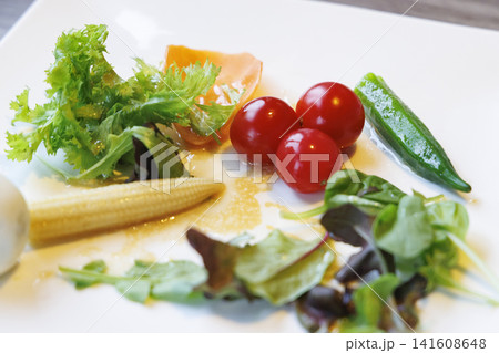 色鮮やかな新鮮野菜とプチトマトのサラダプレート 色鮮やかな新鮮野菜とプチトマトのサラダプレート 141608648