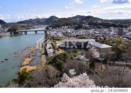 日本の愛知県の犬山市 春の犬山城と満開の桜 国宝の天守閣の最上階から見た展望 周辺の街並みや自然 日本の愛知県の犬山市 春の犬山城と満開の桜 国宝の天守閣の最上階から見た展望 周辺の街並みや自然 141609060