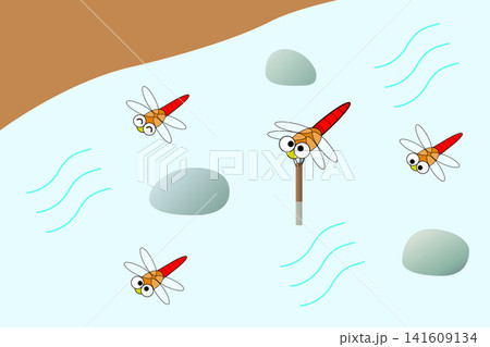水辺に集まるかわいらしい赤トンボのイラスト 水辺に集まるかわいらしい赤トンボのイラスト 141609134