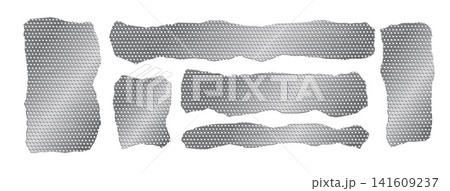Set of torn metal steel grid vector elements on white background. Silver mesh fragments with ripped edges, grunge texture, strips, frames, and rough patches Set of torn metal steel grid vector elements on white background. Silver mesh fragments with ripped edges, grunge texture, strips, frames, and rough patches 141609237