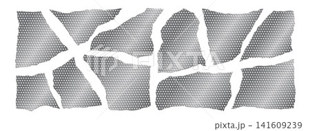 Set of silver metal grid vector elements with torn rough edges. Steel mesh patches, ripped strips, frame shapes, and grunge texture on white background Set of silver metal grid vector elements with torn rough edges. Steel mesh patches, ripped strips, frame shapes, and grunge texture on white background 141609239
