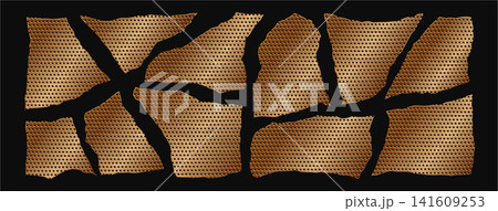 Gold bronze torn metal grid vector elements on black background. Ripped mesh pieces, broken fragments, rough strips, and textured grunge shapes 141609253