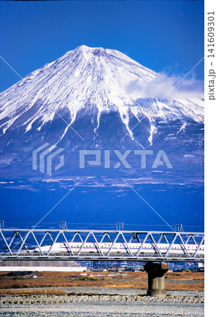 富士山を背に富士川橋梁を渡る東海道新幹線（富士市・望遠・縦構図） 141609301