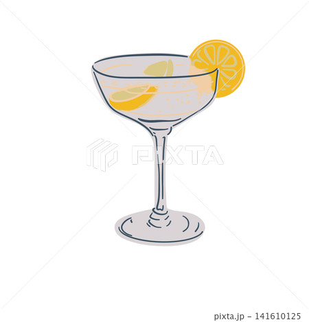 Colorful hand drawn doodle cocktail illustration with bright details and playful style. Fun beverage icon perfect for menus, summer designs, party invitations, stickers, packaging and creative 141610125