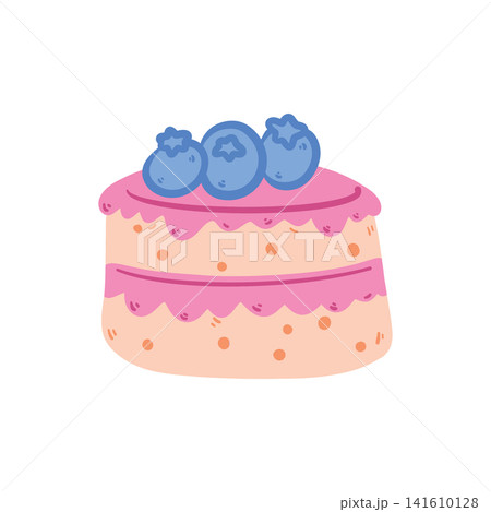 Doodle tasty pastry with blueberry on top. Colorful hand drawn dessert illustration isolated on white, perfect for bakery, cafe menu, stickers, packaging, branding and creative projects. Doodle tasty pastry with blueberry on top. Colorful hand drawn dessert illustration isolated on white, perfect for bakery, cafe menu, stickers, packaging, branding and creative projects. 141610128