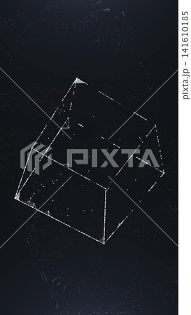 White wireframe cube on dark background, futuristic network illustration with geometric data connections. White wireframe cube on dark background, futuristic network illustration with geometric data connections. 141610185