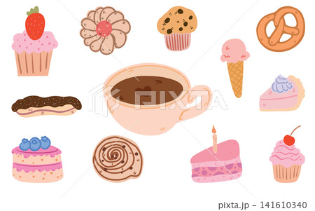 Doodle coffee shop set with coffee cup, muffins, sweet buns and ice cream, hand drawn cozy cafe collection, cute bakery food illustration isolated design Doodle coffee shop set with coffee cup, muffins, sweet buns and ice cream, hand drawn cozy cafe collection, cute bakery food illustration isolated design 141610340