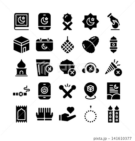 Ramadan icon set featuring Islamic worship, prayer, charity, fasting, and mosque elements in glyph solid style Ideal for Ramadan, education, community, and religious projects 141610377