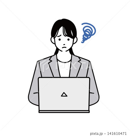 パソコンの前で耳に手を当て困惑するスーツ姿の女性のバストアップイラスト パソコンの前で耳に手を当て困惑するスーツ姿の女性のバストアップイラスト 141610471