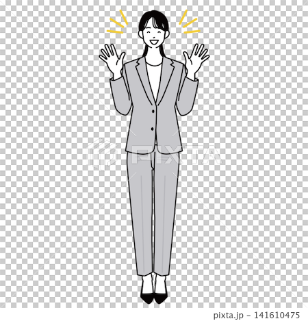 A full-body illustration of a woman in a suit raising both hands in joy. A full-body illustration of a woman in a suit raising both hands in joy. 141610475
