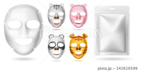 Cosmetic face mask. Realistic cotton covers with images of different animal muzzles. Panda, tiger, cat or pig moisturizing patches. Skin care beauty product package. Vector 3D mockups set Cosmetic face mask. Realistic cotton covers with images of different animal muzzles. Panda, tiger, cat or pig moisturizing patches. Skin care beauty product package. Vector 3D mockups set 141610599