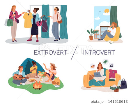Introverts and extroverts. Psychological personality types. People with introversion and extroversion. Inward or outward orientation. Unsociable girl. Friends leisure. Vector concept Introverts and extroverts. Psychological personality types. People with introversion and extroversion. Inward or outward orientation. Unsociable girl. Friends leisure. Vector concept 141610618