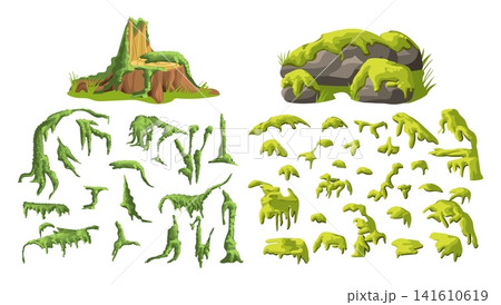 Marsh moss. Green jungle plants. Forest lichens. Microgreens and fragments of various shapes covering surface. Overgrown stone and tree stump. Swamp greenery. Mossy elements vector set Marsh moss. Green jungle plants. Forest lichens. Microgreens and fragments of various shapes covering surface. Overgrown stone and tree stump. Swamp greenery. Mossy elements vector set 141610619