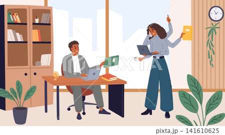 Multitasking career woman. Secretary with many talents. Best office worker. Time management. Work productivity. Successful businessman assistant with multiple hands. Vector concept Multitasking career woman. Secretary with many talents. Best office worker. Time management. Work productivity. Successful businessman assistant with multiple hands. Vector concept 141610625