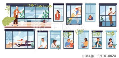People at open windows. Neighbors in apartments going about business. View through glass. Building terraces. Woman sitting at windowsill. Man caring of plants. Housemates vector set People at open windows. Neighbors in apartments going about business. View through glass. Building terraces. Woman sitting at windowsill. Man caring of plants. Housemates vector set 141610628