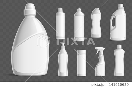 Realistic detergent bottles. Insulated white plastic containers for household cleaning products. 3D mockup of empty cleaning product packaging. Dishwashing jar. Vector cleaner packages set Realistic detergent bottles. Insulated white plastic containers for household cleaning products. 3D mockup of empty cleaning product packaging. Dishwashing jar. Vector cleaner packages set 141610629