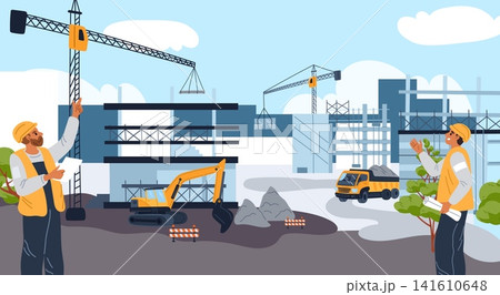 Construction site operations. Concrete mixer and crane. Truck carrying building materials. Slabs and frames being clad. Housing development. Workers manage build process. Vector concept Construction site operations. Concrete mixer and crane. Truck carrying building materials. Slabs and frames being clad. Housing development. Workers manage build process. Vector concept 141610648