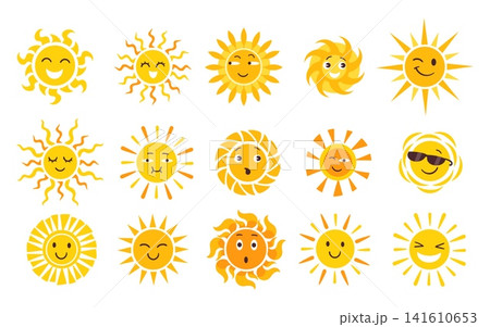 Cute sunny characters. Cartoonish sunny faces. Summery smiles. Yellow childrens badges. Clear weather. Good morning. Sunshine rays. Positive kids emoticons. Funny emojis vector set 141610653