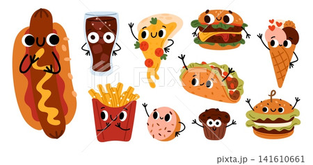 Funny characters from world of fast food. Cute cartoon illustration featuring pizza and burger with smiling faces. Tacos and hamburgers. Sweet donut. French fries. Fastfood vector set 141610661