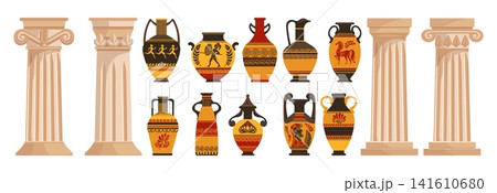 Greek columns and amphorae. Ancient ceramic vases. Marble capitals. Ionic, Doric or Corinthian orders and antique clay jugs. Historical jugs. Stone pillars. Athens elements vector set 141610680