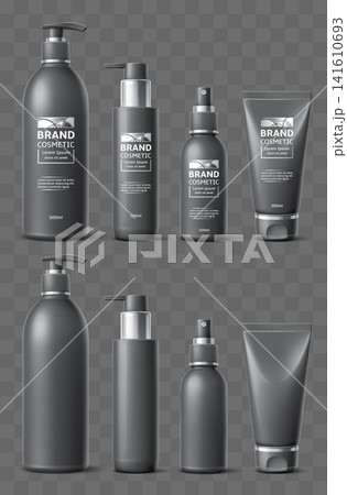 Realistic cosmetic bottles. Minimalist black containers with labels. 3D packaging and designs for dispensers or sprayers. Moisturizer tube on transparent background. Vector packages set Realistic cosmetic bottles. Minimalist black containers with labels. 3D packaging and designs for dispensers or sprayers. Moisturizer tube on transparent background. Vector packages set 141610693