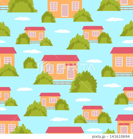 Small country houses with green bushes and clouds seamless pattern. Residential building facade. Neighborhood panorama. Village architecture. Suburban townhouses. Vector background Small country houses with green bushes and clouds seamless pattern. Residential building facade. Neighborhood panorama. Village architecture. Suburban townhouses. Vector background 141610694
