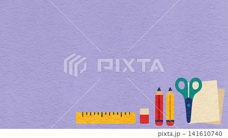 Back to school light violet textured paper background with copy space and stationery for banner, presentation, template 141610740